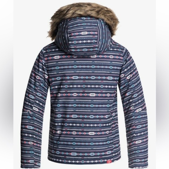 Roxy Girls DryFlight 10K Snow Jacket Navy Tribal Geometric Faux Fur Hood Size 10 - Picture 2 of 5